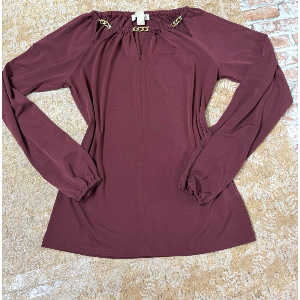 Michael Kors Women’s Burgundy Long Sleeve Silver Chain Top Key Hole Neck Sz XXS